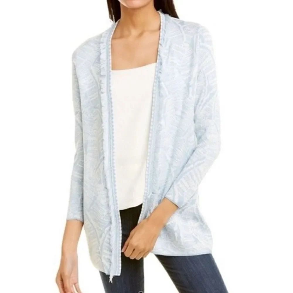 J.McLaughlin blue printed fringe trim cardigan size xs